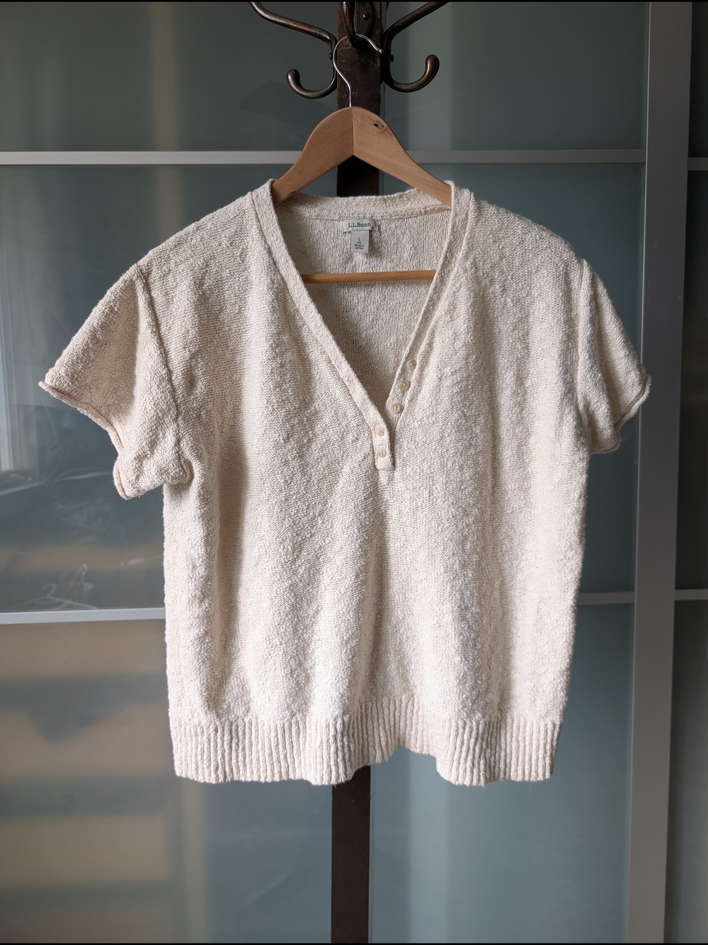 L.L. Bean Cream Short-Sleeve Terry V-Neck Top - Large